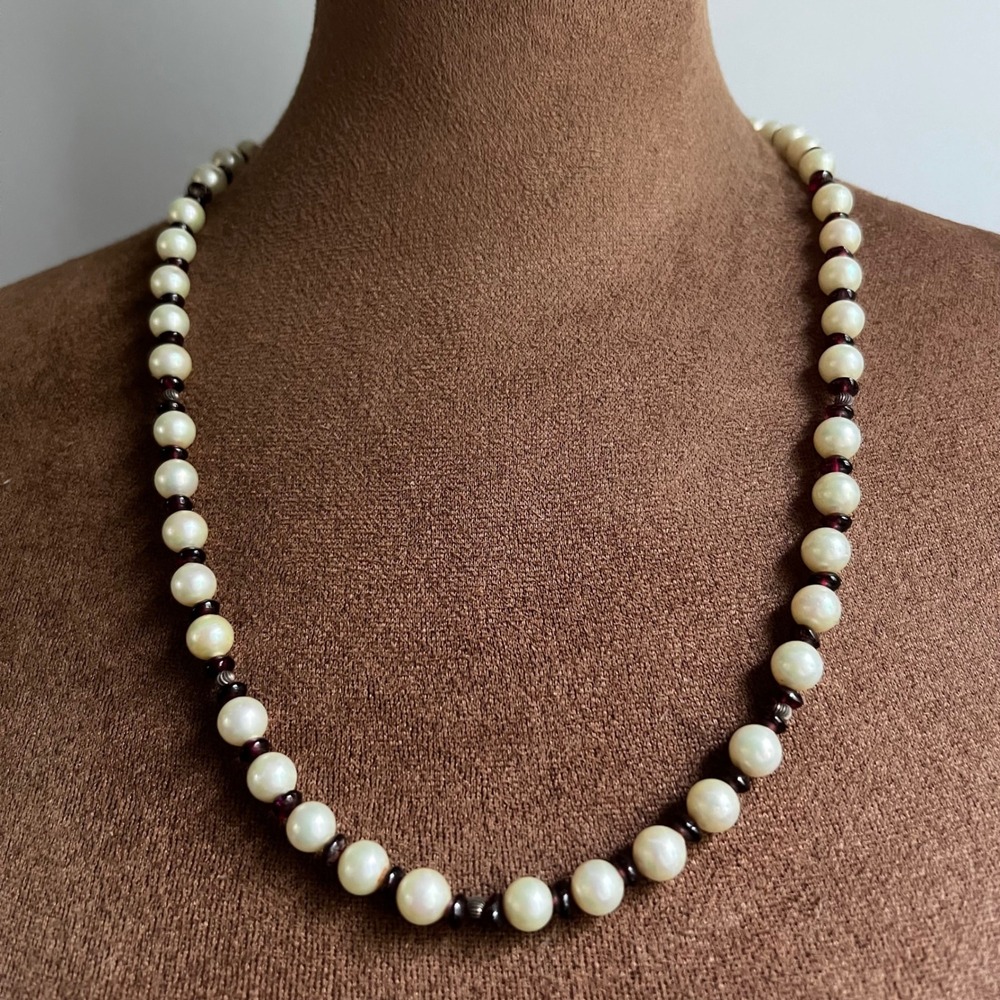 Vintage Faux Pearl and Red Glass Bead 24" Necklace‎ Magnetic Clasp Cottagecore